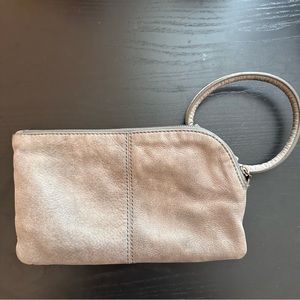 HOBO Sable Wristlet. Gray suede with pewter hardware.